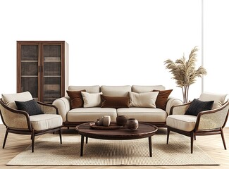 Beautiful beige and brown living room with a sofa and armchair, wooden floor and cabinet, minimalistic design, 3D rendering with high resolution and space for a text or product display mockup
