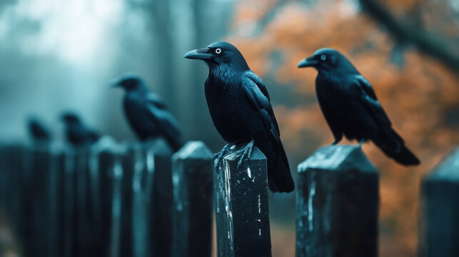 Enchanted crows perched on a fence in a mystical autumn forest - Powered by Adobe