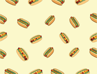 hotdog pattern background. Hot Dog Street Food Pattern background. Hot Dog flat illustration background