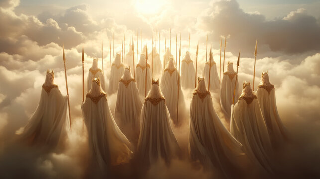 Mystical valkyries descending from the clouds in a majestic skyward scene