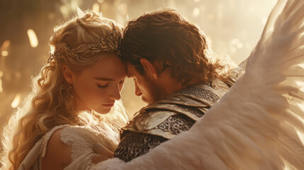 Mythical valkyrie comforting fallen warrior in ethereal light