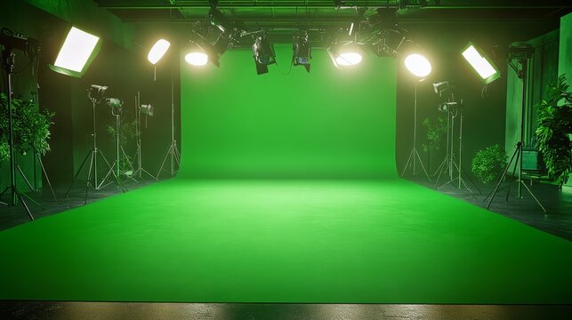 Green screen studio with uniform green backdrop and soft lighting, ideal for photoshoots or film work