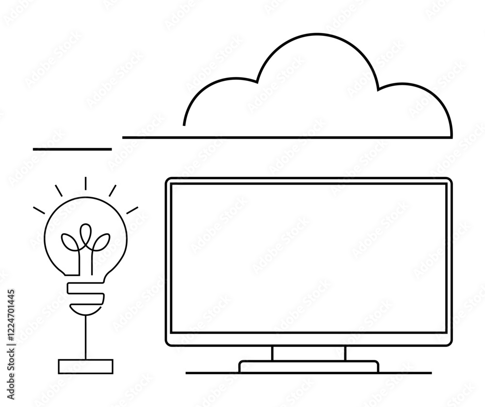 Poster light bulb with sprout inside next to a computer monitor and cloud outline. ideal for technology, in