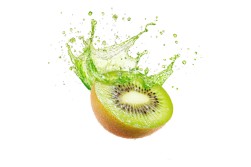 Fresh kiwi with splashing green juice isolated on white or transparent, PNG