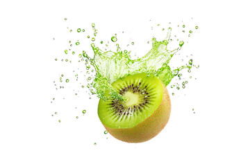 Fresh kiwi with splashing green juice isolated on white or transparent, PNG