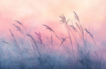 Obraz premium A dreamy, blurred background of tall grass and sky at sunrise, with soft sunlight filtering through the leaves, creating an ethereal atmosphere.