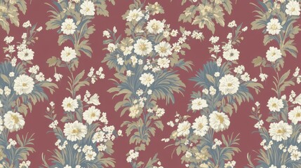 Elegant Floral Wallpaper Design with White Blooms on Red Background