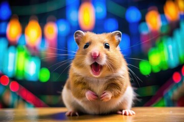 Adorable hamster's shocked face!  Market surprise?  Funny rodent reaction in cute pet photo.
