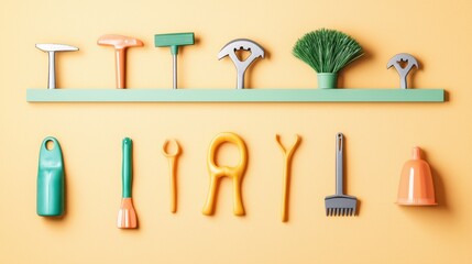 Colorful Collection of Gardening Tools on Yellow Background