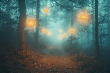Obraz premium A dark enchanted forest where glowing orbs float among the trees, casting soft ambient light.