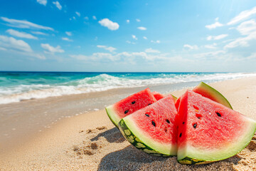 Fresh watermelon slices resting on sandy beach, with vibrant ocean waves and blue sky background