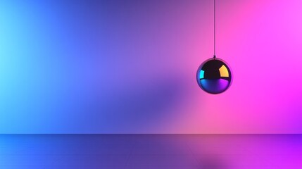 A reflective sphere suspended in a vibrant, gradient-lit room with a smooth floor, evoking tranquility
