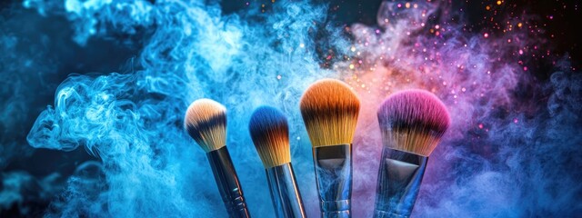 Different makeup brushes on a shiny background. Selective focus.