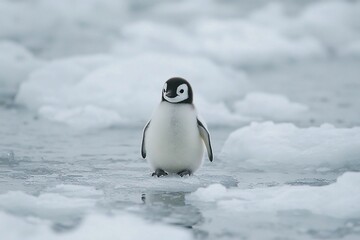 Obraz premium A solitary penguin chick stands on icy terrain amidst a frozen landscape, showcasing resilience in nature