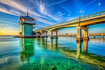 Obraz premium John's Pass Drawbridge Panoramic Winter Afternoon, Florida - Pristine Bridge, Clear Sky, Calm Water