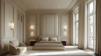 Luxurious Parisian bedroom, sunlight, city view, interior design, home decor