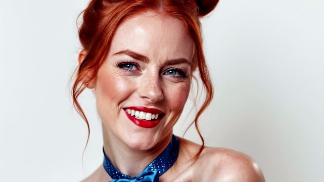 Cheeky red headed woman surprises with an enchanting smile and sparkly blue bow collar in vibrant 3D animation capturing her playful charm. Generative AI