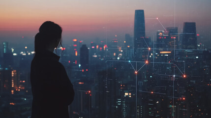 Abstract business woman stands on Smart digital Innovation city with connection network reciprocity over the twilight cityscape. of future wireless digital city and social media networking systems