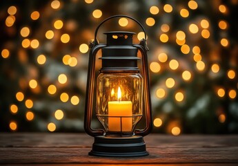 Classic Lantern with Candle Glow Against a Beautiful Bokeh Background