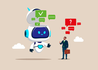 AI assistant support. Chat bot, survey. Online discussion, conversation, meeting, team communication, colleague chatting, opinion. Chatting with robot, asking questions and receiving answers. Vector