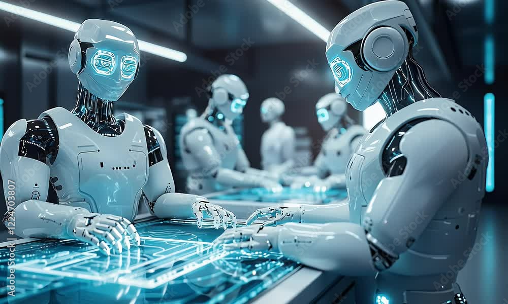 Poster robots collaborate on futuristic tech in a lab. future industry concept