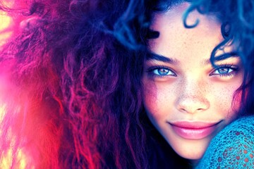 Fototapeta premium Long coiffure - gorgeous bush hair. Commercial digital ads idea. Attractive happy mixed-race girl - for ads, media and social apps promotion use. Vibrant hair trends portraits.