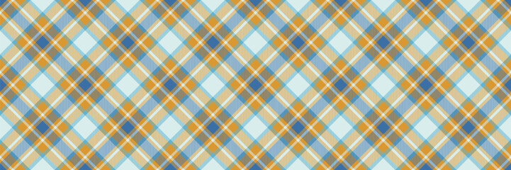 Retro pattern background vector, endless check fabric texture. Fluffy plaid tartan seamless textile in cyan and golden orange colors.