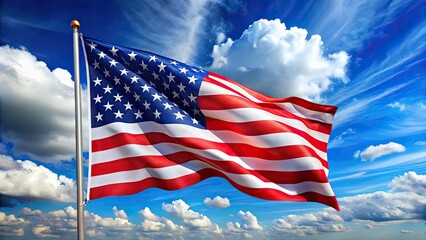 Fototapeta premium American flag waves proudly against a vibrant blue sky, a perfect Fourth of July image.