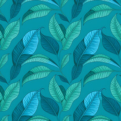 Lush Green Tropical Leaves Pattern with Deep Blue Highlights 