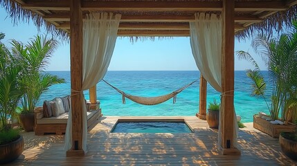 A relaxing hammock between two palm trees with clear turquoise waters and a bright sunny sky.