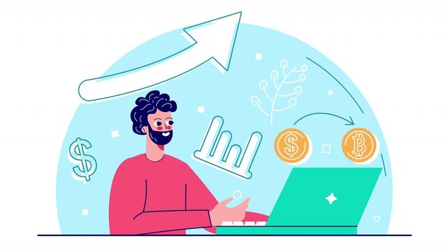 Cryptocurrency investment man working in the laptop, simple 2d animation cryptocurrency, bitcoin.