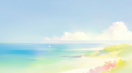 Fototapeta premium beach, sea, ocean, sky, clouds, summer, calm, serene, peaceful, tranquil, horizon, sailboat, landscape, pastel, soft, colors, water, sand, shore, coast, nature, beautiful, scenic, view, sunny, bright