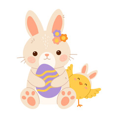 Easter bunny rabbit holding big Easter egg and cute little chick with bunny ears. Flat isolated vector illustration