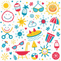 Happy summer doodles sun, sunglasses, beach, ice cream.