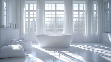Luxurious white bathroom, city view, sunlight, relaxation