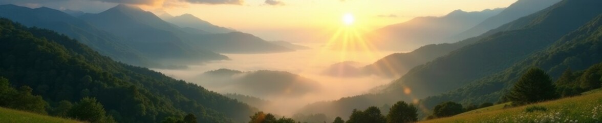 Fototapeta premium Sparkling sunlight illuminating the misty valley below, light,