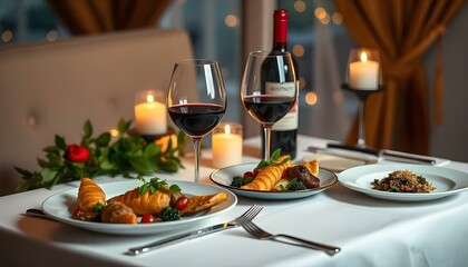 Romantic dinner setting with wine, candles, and gourmet dishes