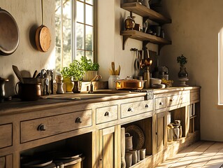 Vintage-style kitchen with rustic wooden cabinets and copper cookware bathed in warm afternoon sunlight