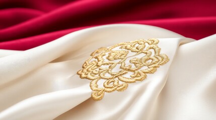 Elegant Gold Embroidery on Cream and Red Silk Fabric