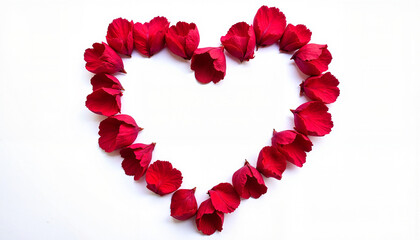 Symmetrical heart of rose petals on bright white background, love symbolism