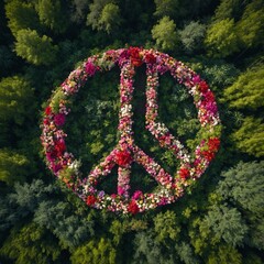 A giant peace sign made of blooming flowers in the middle of a lush forest.