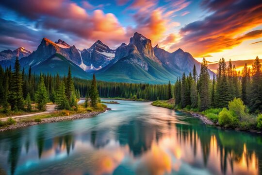Banff's Backswamp reveals stunning long-exposure photography; Bow River and majestic Rockies meet.