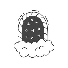 Mystical Portal Arch with Cloud. Hand drawn vector illustration of magical gate to outer space. Night sky door in doodle style