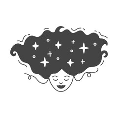 Smiling woman with night sky hair illustration. Vector celestial girl portrait graphic. Surreal face with curls. Astrology Mystic concept design in doodle style