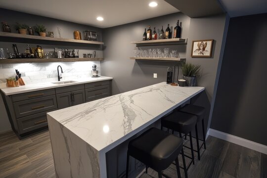 Modern basement bar with marble countertop, wine storage, and seating. Home bar design ideas