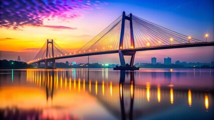 Fototapeta premium Kolkata Vidyasagar Setu Bridge Silhouette Twilight Bokeh - Panoramic Cityscape