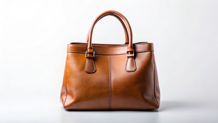 Classic brown leather handbag, minimalist design, isolated on white.  Stylish women's purse.