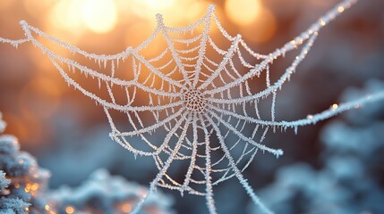 Frost-covered spiderweb, winter sunrise glow.