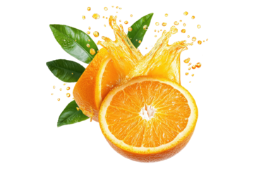 Orange halves with splashing juice and green leaves isolated on white or transparent, PNG