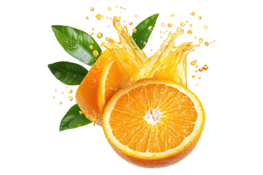 Orange halves with splashing juice and green leaves isolated on white or transparent, PNG